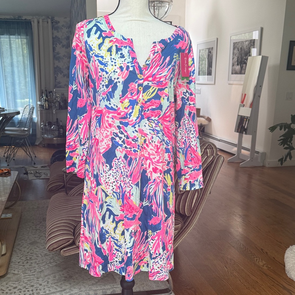 NWT Lilly Pulitzer Midi Long Sleeve Oink and Blue Dress Size M
